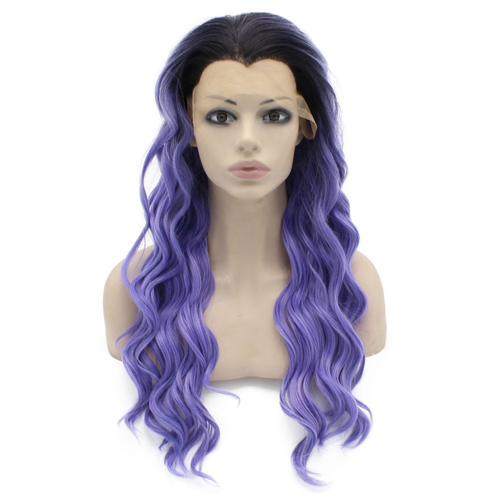 MX angel Long Wavy Ombre Black Purple Synthetic Lace Front Wig Half Hand Tied Heat Resistant Fiber Hair Ombre Wig Natural