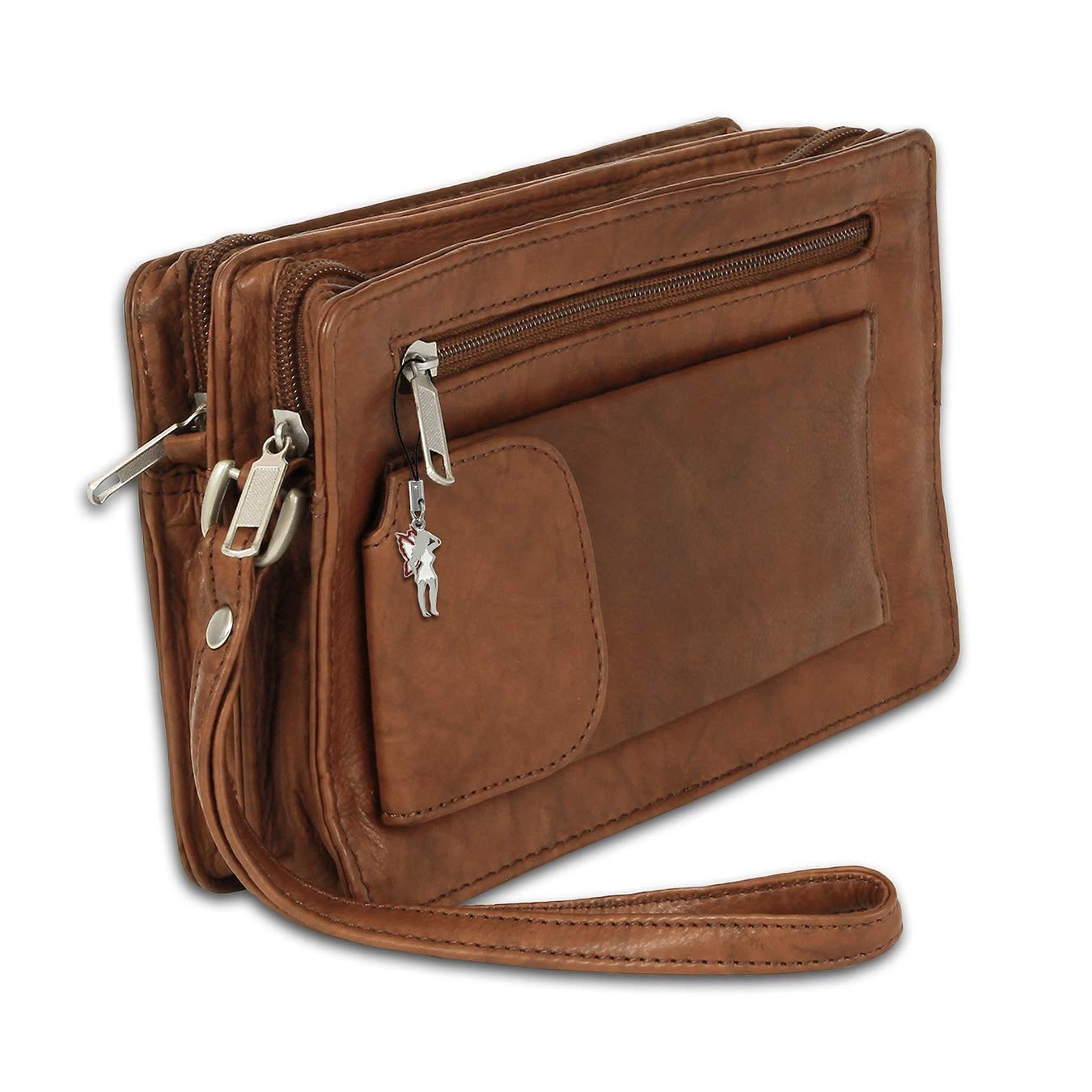 LEDER HANDGELENKTASCHE HERRENTASCHE LEDERTASCHE DOPPELKAMMER TAN