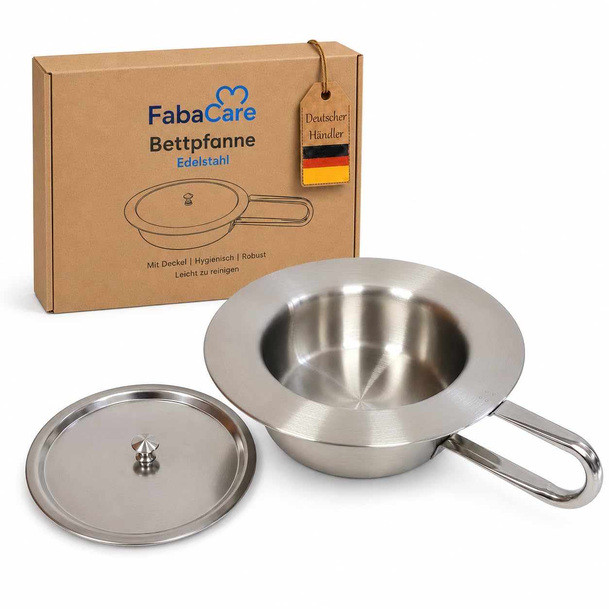 FabaCare Bettpfanne Edelstahl mit Deckel für Erwachsene, 2 Liter | Stechbecken 2 Liter für Pflege, Klinik & Zuhause – robust, hygienisch, leicht zu reinigen und diskret griffbereit