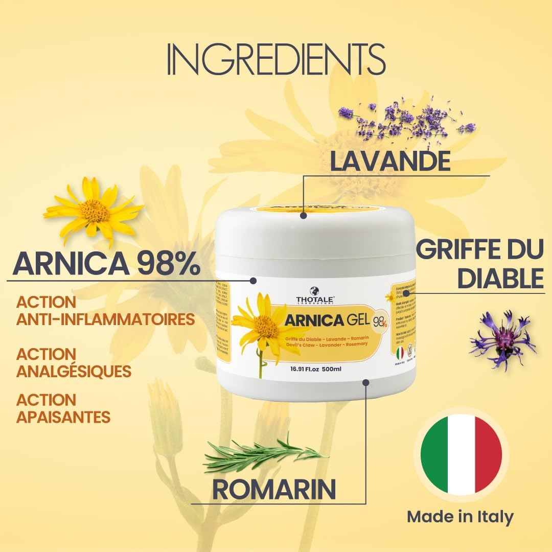 Arnica Gel Extra Fort 500 ml, Arnica Montana 98% plus Griffe du Diable, Effet Durable, Soulagement Immédiat pour les Douleurs Musculaires et Articulaires, Effet Rafraîchissant Non Gras, Made in Italy