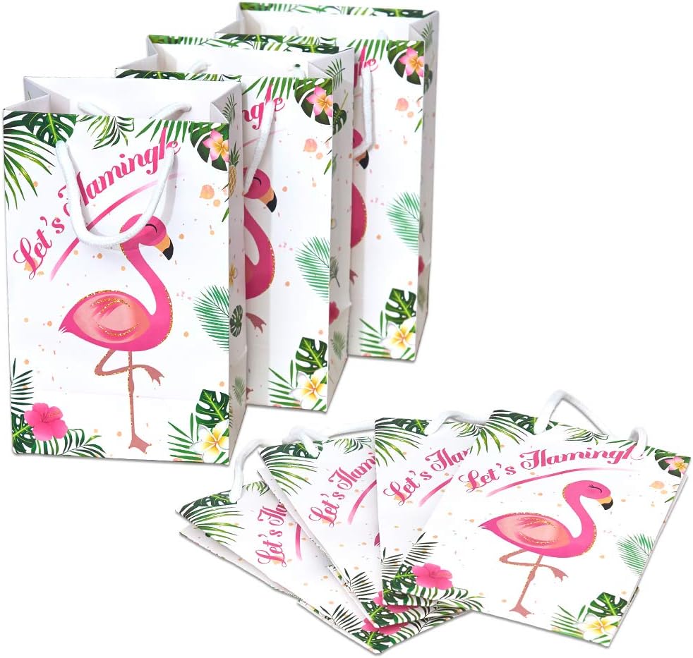WERNNSAI 16 PCS Flamingo Gift Bags - Tropical Themed Party Favors for Girls Kids Durable Paper Goodies Treat Bags Birthday Wedding Baby Shower Pool Party Supplies