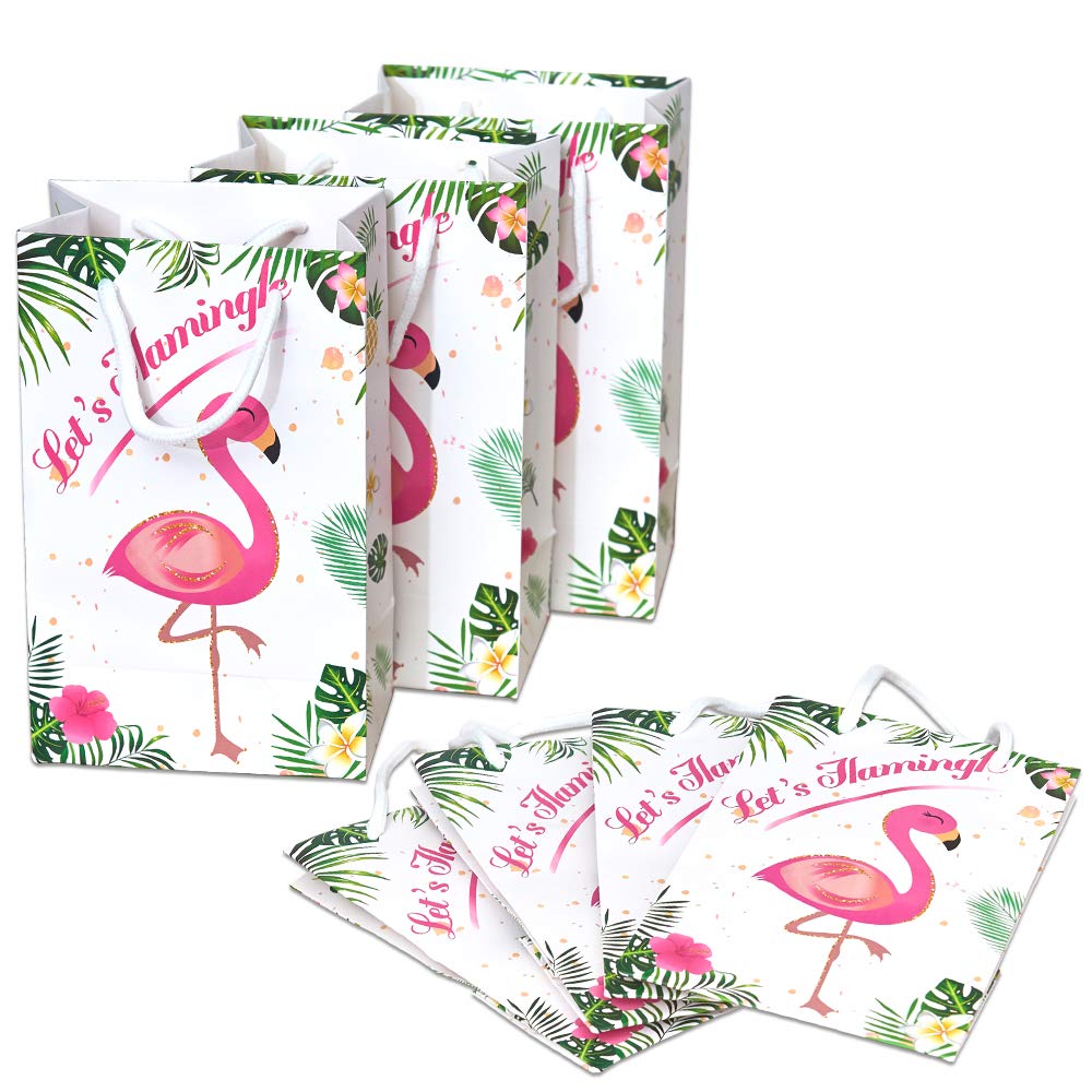 WERNNSAI 16 PCS Flamingo Gift Bags - Tropical Themed Party Favors for Girls Kids Durable Paper Goodies Treat Bags Birthday Wedding Baby Shower Pool Party Supplies