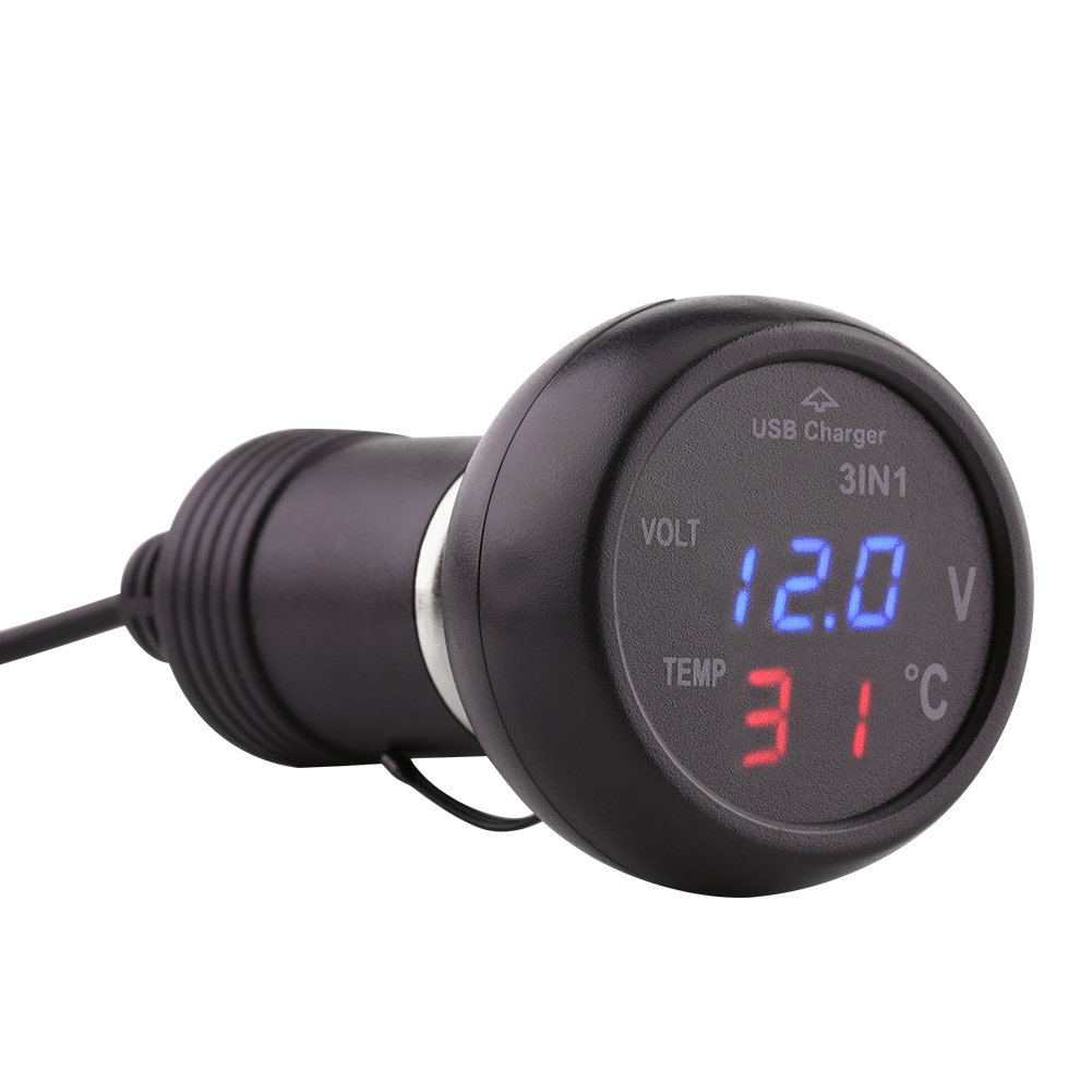 Qii lu Car Truck 3in1 Dual LED Digital Display Voltmetro Termometro per accendisigari Caricatore per auto USB(Blu + Rosso)