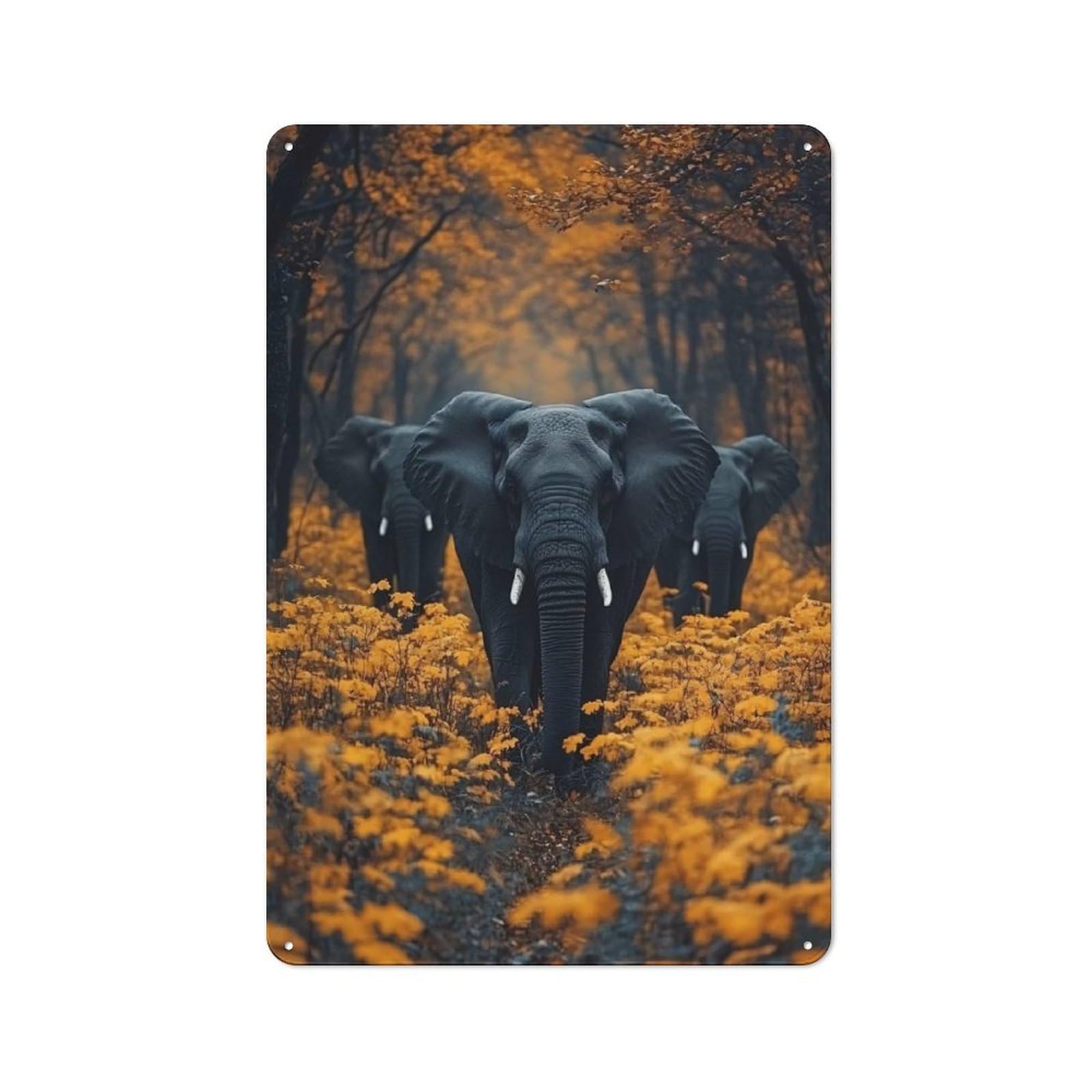 Elephants in Autumnal Forest Rustic Metal Sign 30x20cm for Café Or Restaurant, Suited to Café Owners And Decorators