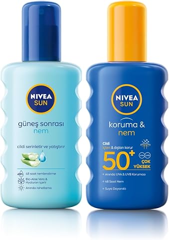 Nivea Sun Güneş Sonrası Nem Spreyi 200 Ml ve NIVEA Sun SPF 50+ Koruma & Nem Güneş Spreyi, Suya Dayanıklı Nemlendirici Güneş Kremi (200 ml)