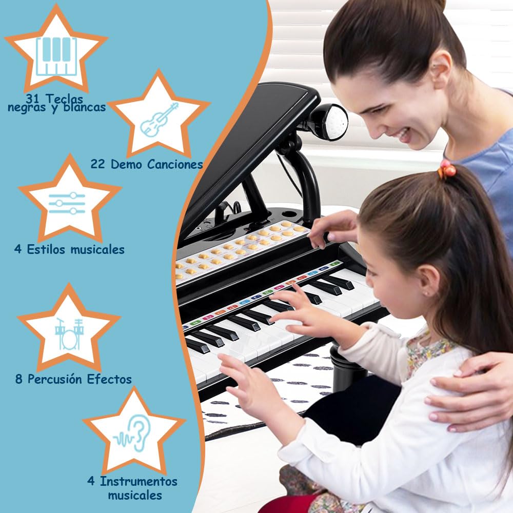 SOARS Piano de Cola Infantil 31 Teclas, Juguetes Musicales con Taburete, Piano Infantil Multifuncional con Micrófono y Luces para Guiar la Enseñanza, con Karaoke Modo, para Niños +3 Años (Negro)