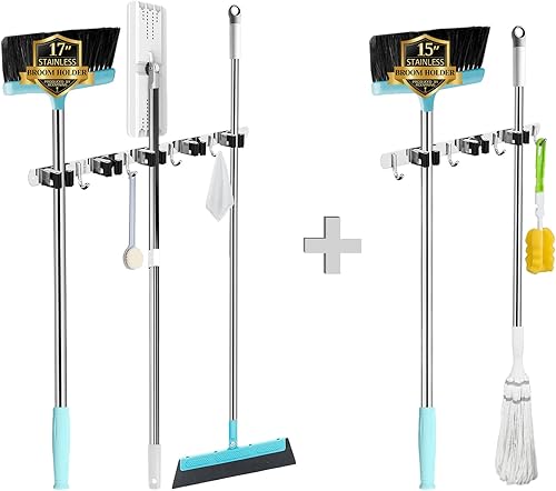 AceMining 5 estantes y 4 ganchos y 3 estantes y 4 ganchos soporte para escobas y trapeador montado en la pared, organizador de garaje, estantes de