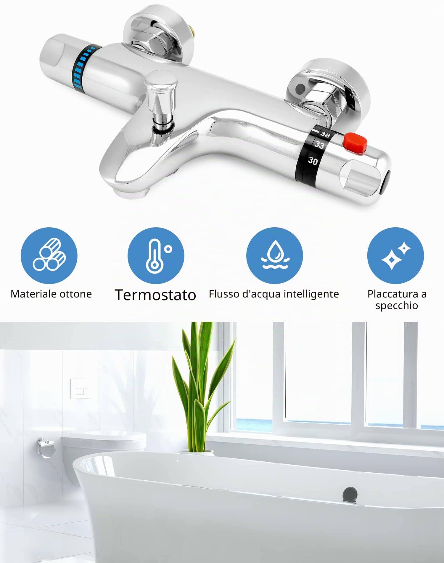 QWORK® Miscelatore Termostatico Doccia, Valvola G1/2" Uscita, Sinistro Caldo Destro Freddo, Miscelatore Doccia in Ottone, Controllo Costante della Temperatura per Il Bagno