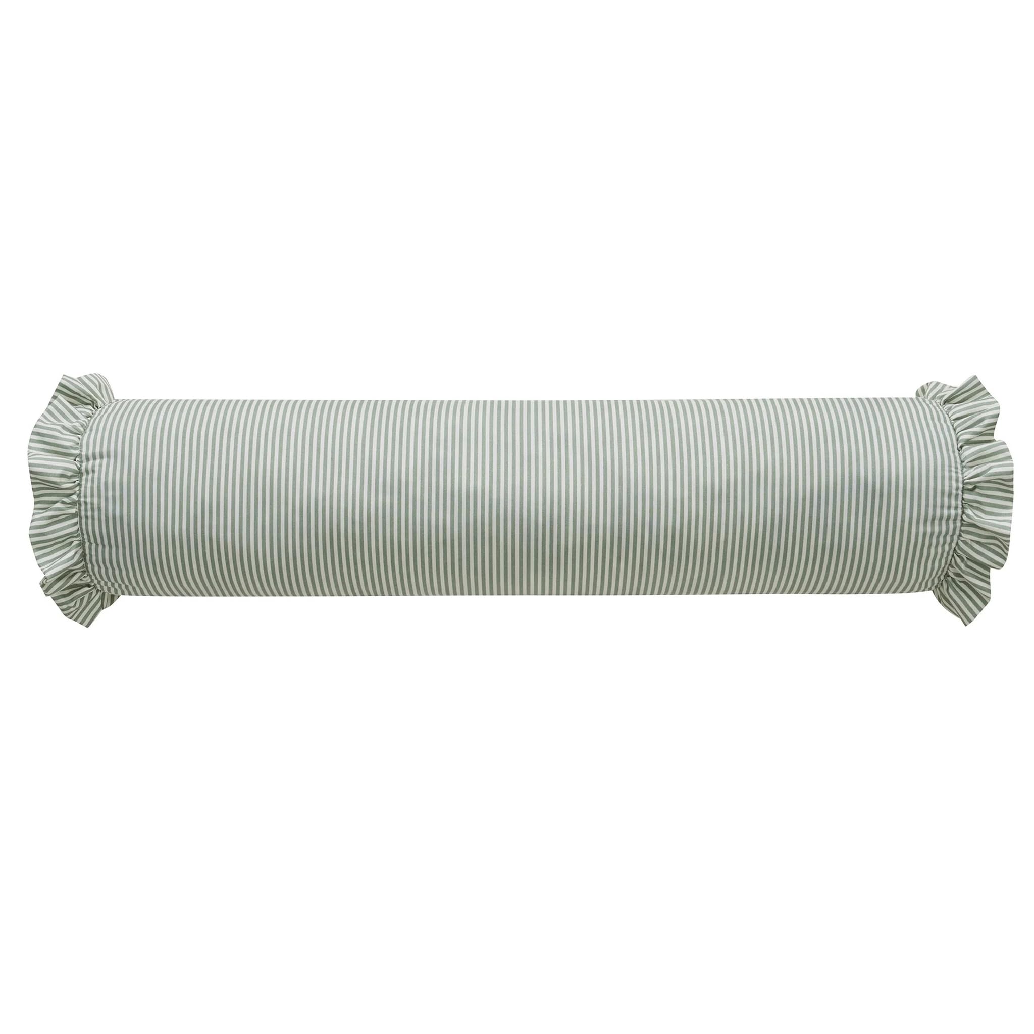 Ameble 7.87x35.83 Inch Green Striped Bolster Pillow with Ruffled Edge, Versatile Cylinder Neck Roll Pillow for Home Decor & Support, Bed, Sofa, Travel