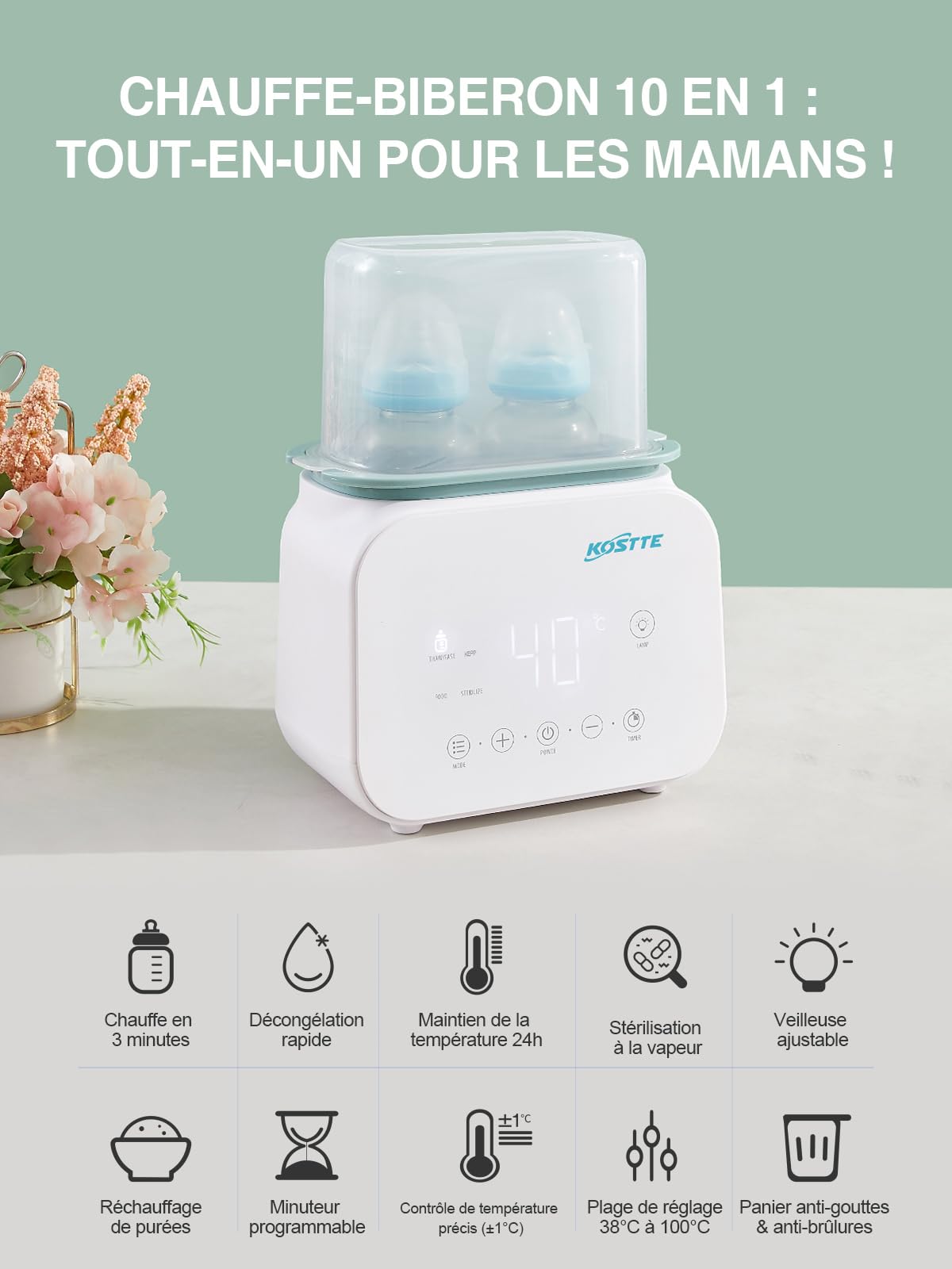 Chauffe Biberon, Chauffe-biberon pour bébé, Chauffe-biberon pour Lait Maternel, Chauffage des aliments pour Bébés, Intelligent de la Température et Arrêt Automatique, sans BPA