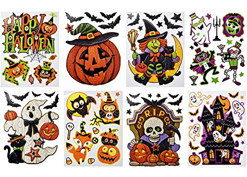 Gift Boutique Halloween Window Clings Decorations Decals 8 Pack Tombstone Haunted House Pumpkin Ghost Bats Skulls Cat Witch Owl Trick or Treat Kids Party Accessories