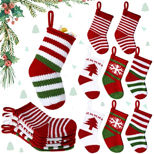 8 Pcs Mini Christmas Stockings 2 x 5 Knit Stocking Small Xmas Baby Christmas Hanging Stocking Stripe Snowflake Pine Tree Xmas Tiny Stocking Set for Christmas Tree Gift Ornaments Decor