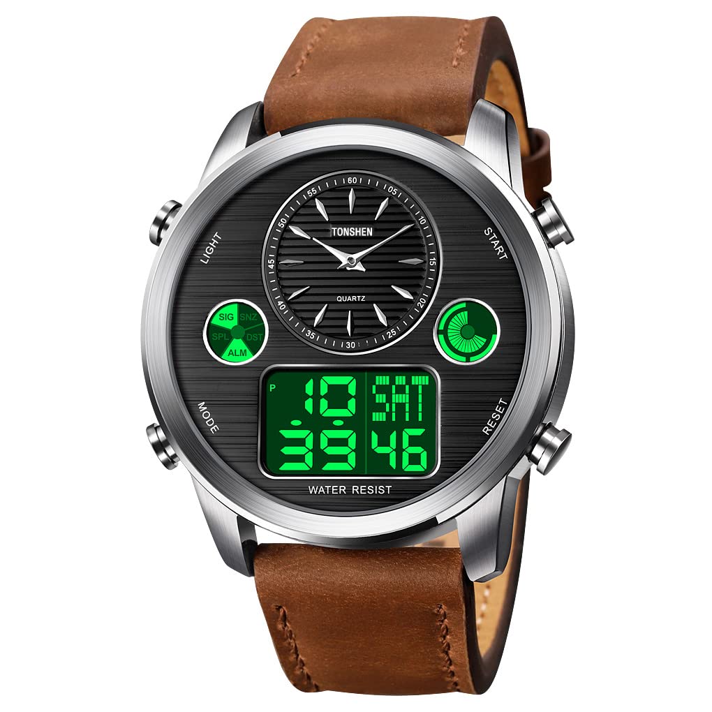 TONSHEN Uomo Fashion Stile Casual Acciaio Inossidabile Digitale Orologi da Polso e Pelle Cinturino Multifunzione LED Elettronico Outdoor Militare Sportivo Orologio Tre Tempo