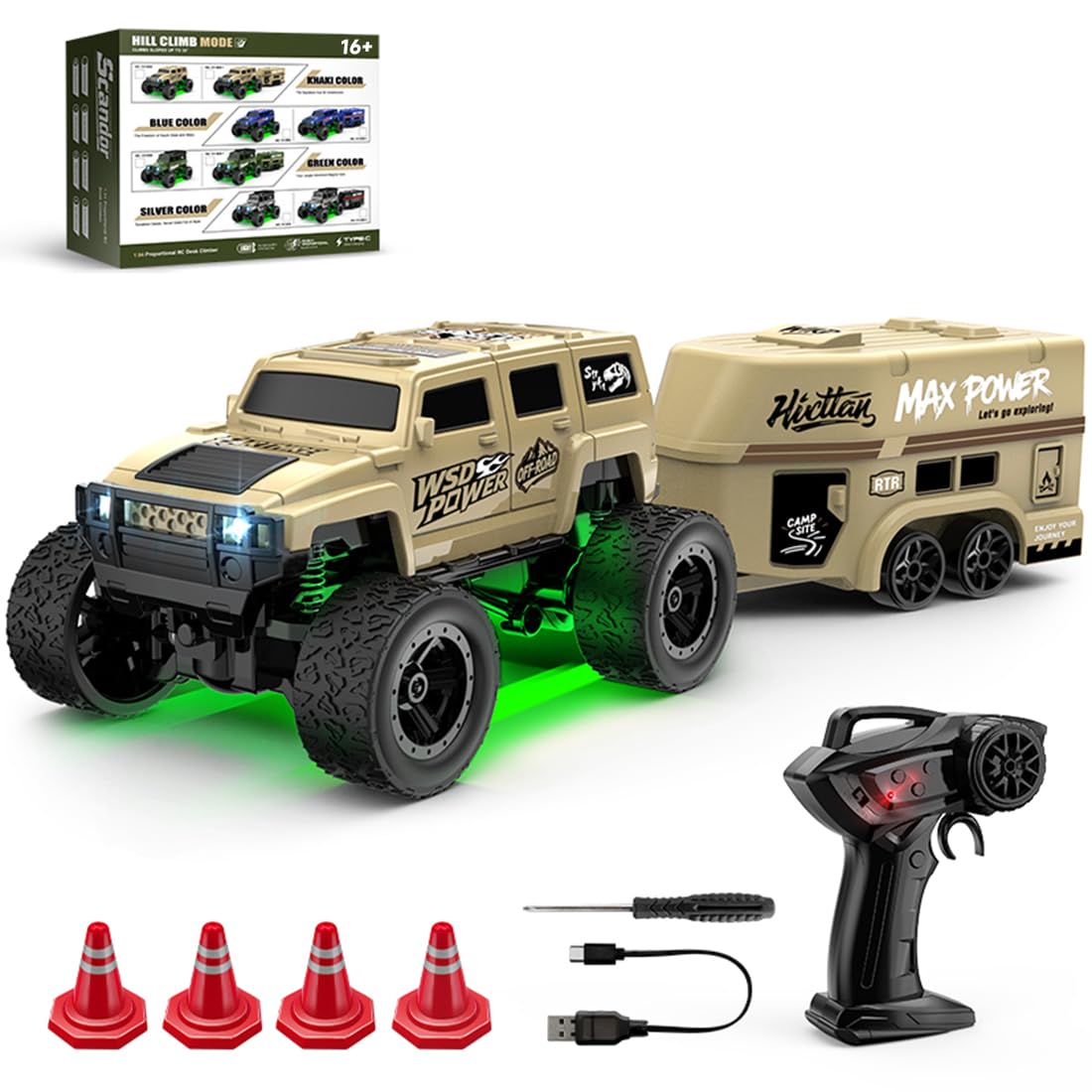1/64 Mini RC Car 2.4G Remote Control Crawler Truck with Trailer 4WD Off-Road All Terrain Vehicle with DIY Stickers, Full Proportional, 2 Speed Control, LED