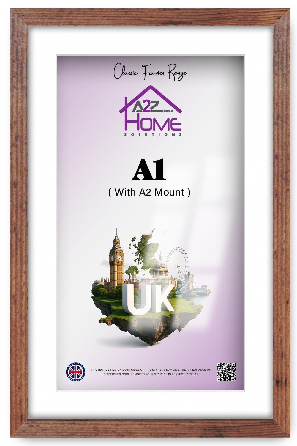 A2Z Home Solutions® Photo Frame Rustic A1 Frame With A2 Mount Picture Poster Print With Clear HD Perspex 30x15 MM Moulding Mounting Hooks MDF Backboard