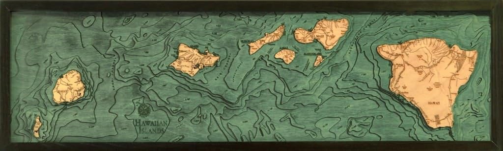 Hawaiian Islands (all of them), Hawaii 3-D Nautical Wood Chart, 13.5" x 43"