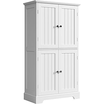 GarveeHome 54in Tall Bathroom Cabinet, Farmhouse Storage Cabinet with Glass Doors and Adjustable Shelves, Freestanding Kitchen Pantry Cabinets, Cupboard for Living Room, Dining Room, White