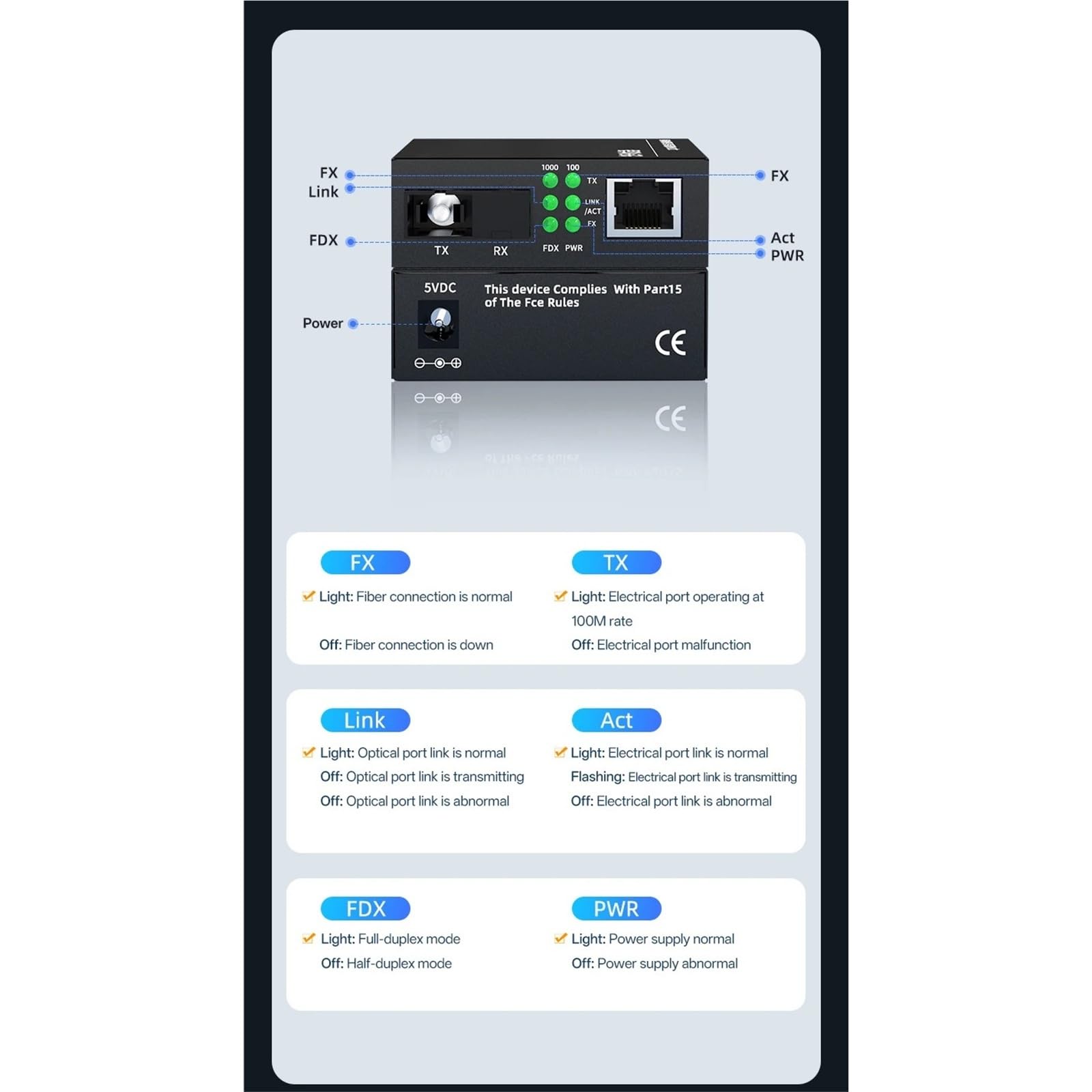 Convertisseur de média Convertisseur de média SC à fibre unique 10/100/1 000 Mbps Base-TX vers 1000BASE-FX, paire A/B, alimentation externe(1000Mbps EU 20KM)