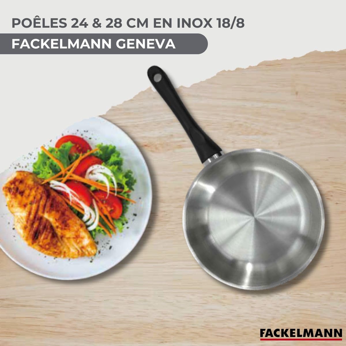 Fackelmann Set 2 poêles inox 24 et 28 cm, couvercles et 6 ustensiles inox