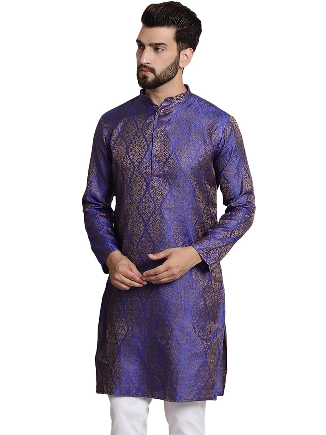 Sojanya (Since 1958 Men's Silk Blend Blue Color Self Design Only Long Kurta