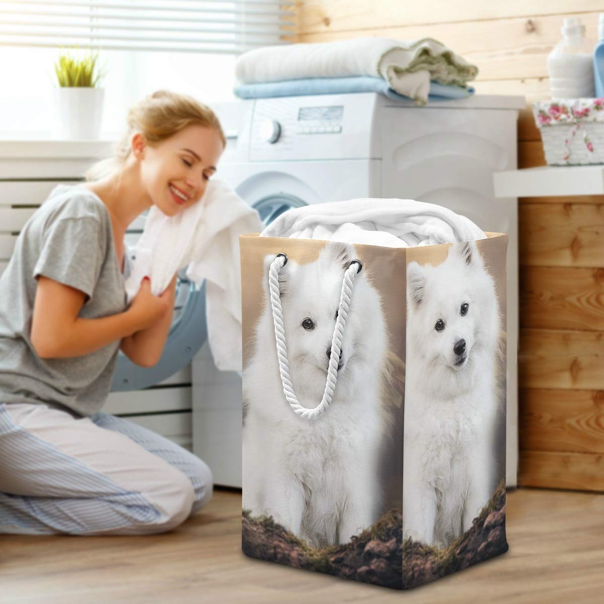 White Pet Dog Spitz Animals - Bolsa de lavandería para la ropa sucia plegable con asas fáciles de transportar