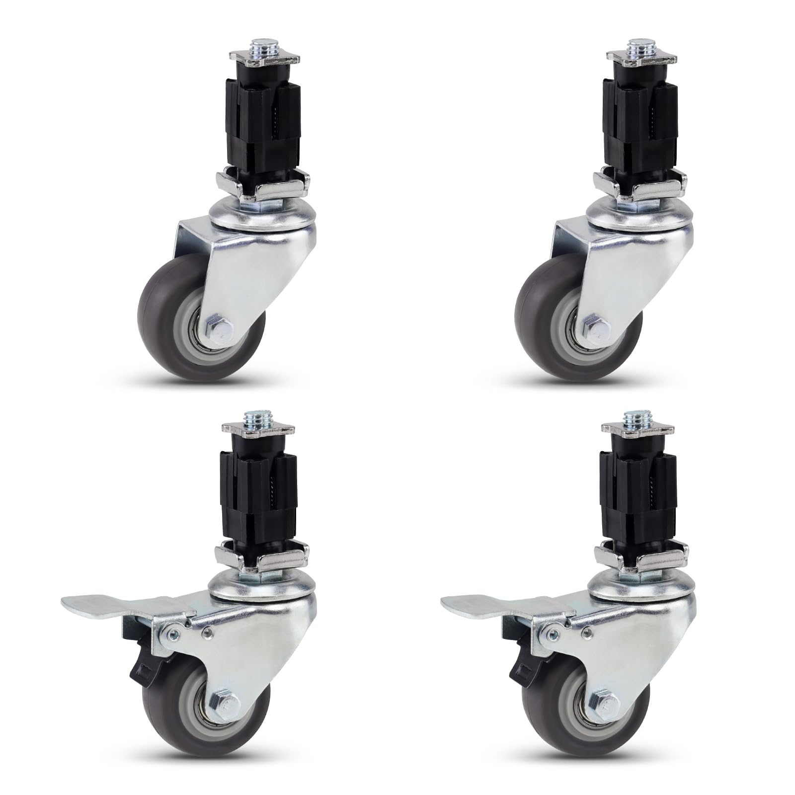 Plug-in casters, Silent, high Load Capacity 4pcs Set (1" Square Tube, 2.5”Wheels, 2with Brake 2without)
