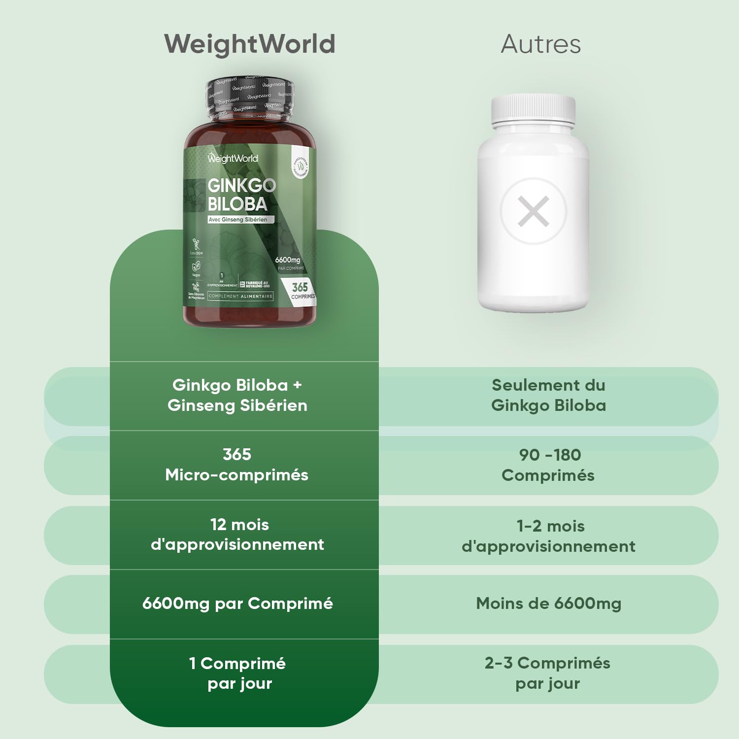 Ginkgo Biloba 6600mg avec Ginseng Sibérien, 365 Micro-Comprimés pour 1 An, Extrait de Ginko Biloba en Comprimés Vegan avec Flavones Glycosides & Terpènes Lactones, Sans Acide Ginkgolique et Sans OGM