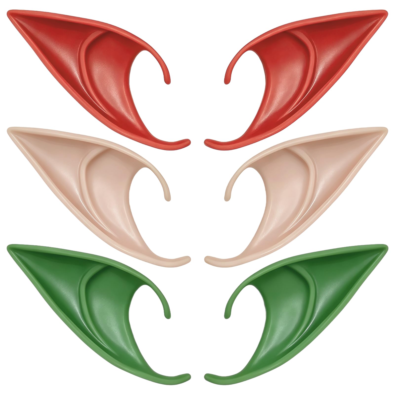 Glitzville 3 Pairs Fairy Pixie Soft Elf Ears Pointed Prosthetic Tips in Red Green & Skin Tone for Halloween Cosplay Costume Party Accessory(12cm)