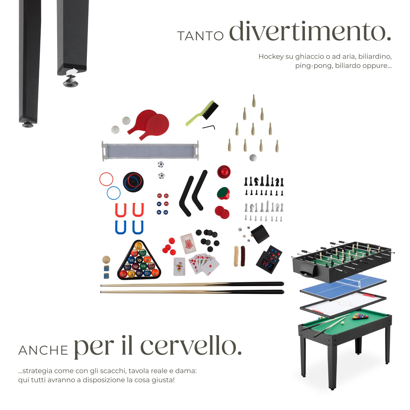 tectake® Tavolo Multigioco SirGameALot 15 in 1 Giochi da Tavolo, con Accessori, Struttura in MDF Resistente, 6 Superfici Autonome Impilabili, per Biliardo, Palline Ping Pong, Calcetto, Calcio Balilla