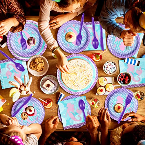Mermaid Birthday Party Supplies,Mermaid Tablecloth Banner Disposable Paper Plates And Napkins Dinner Tableware Cups Knives Spoons Fork For Mermaid Kids Under The Sea Birthday Party Decorations,Serve25 #TOP4