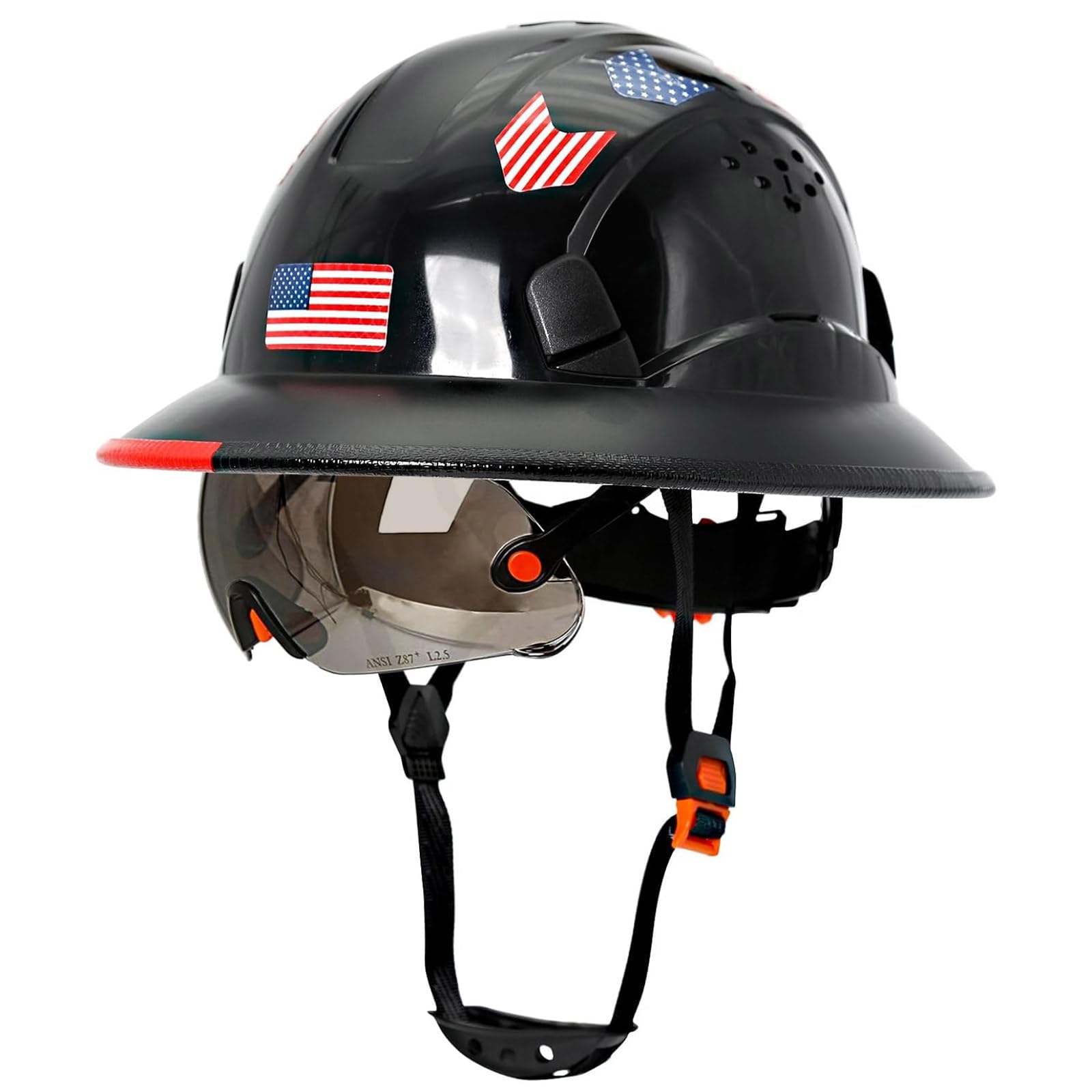 Full Brim Hard Hats Construction OSHA Approved with Clear Visor - Cascos De Construccion Vented Hard Hat with Chin Strap ANSI Z89.1 Adjustable Cool Vent Work Safety Helmet for Men Women Black Construction Hard Hat with Tinted Visor