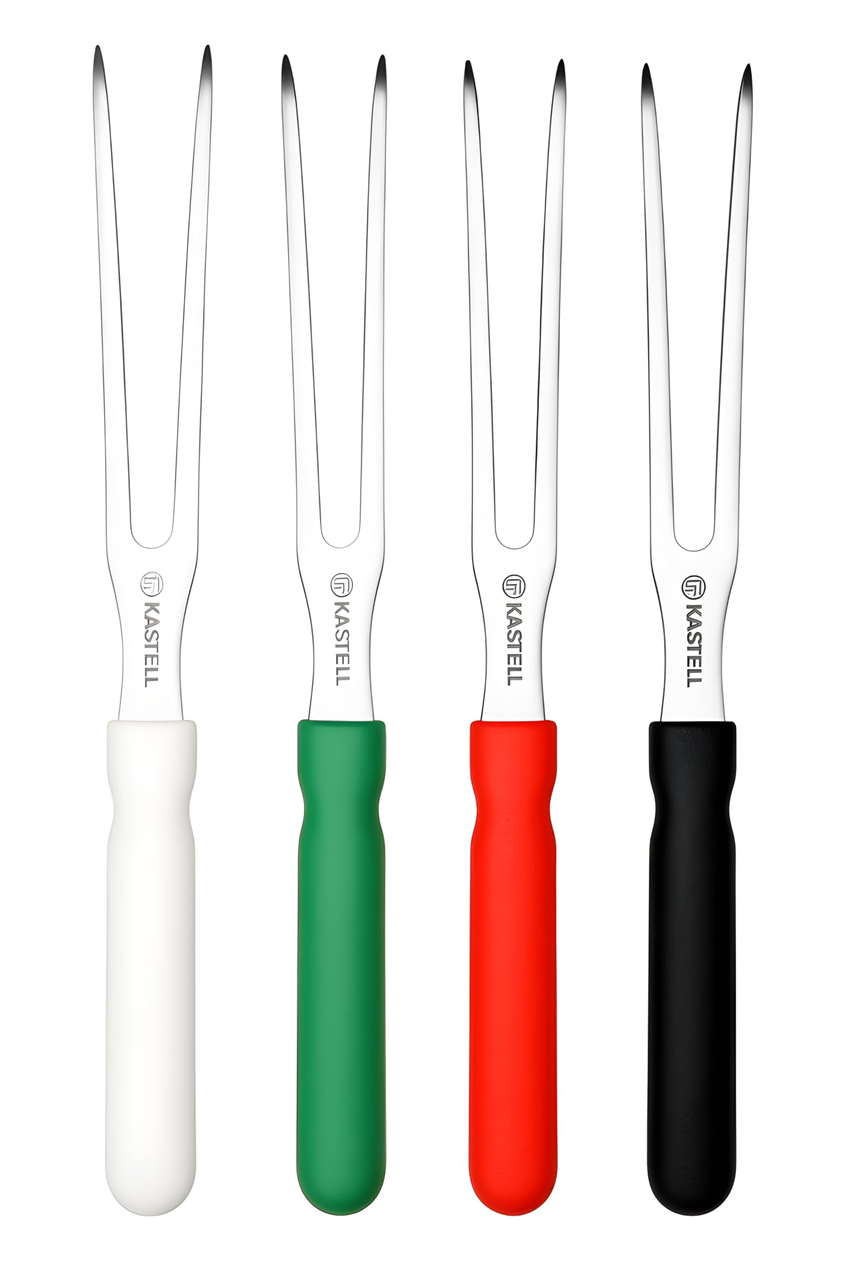 Aufschnittgabel 24 cm - Wurstgabel mit 13 cm Zinken, Vorlegegabel in Gastro- & Metzgerqualität, ergonomischer Griff in 4 Stück in Rot, Grün, Schwarz und Weiß