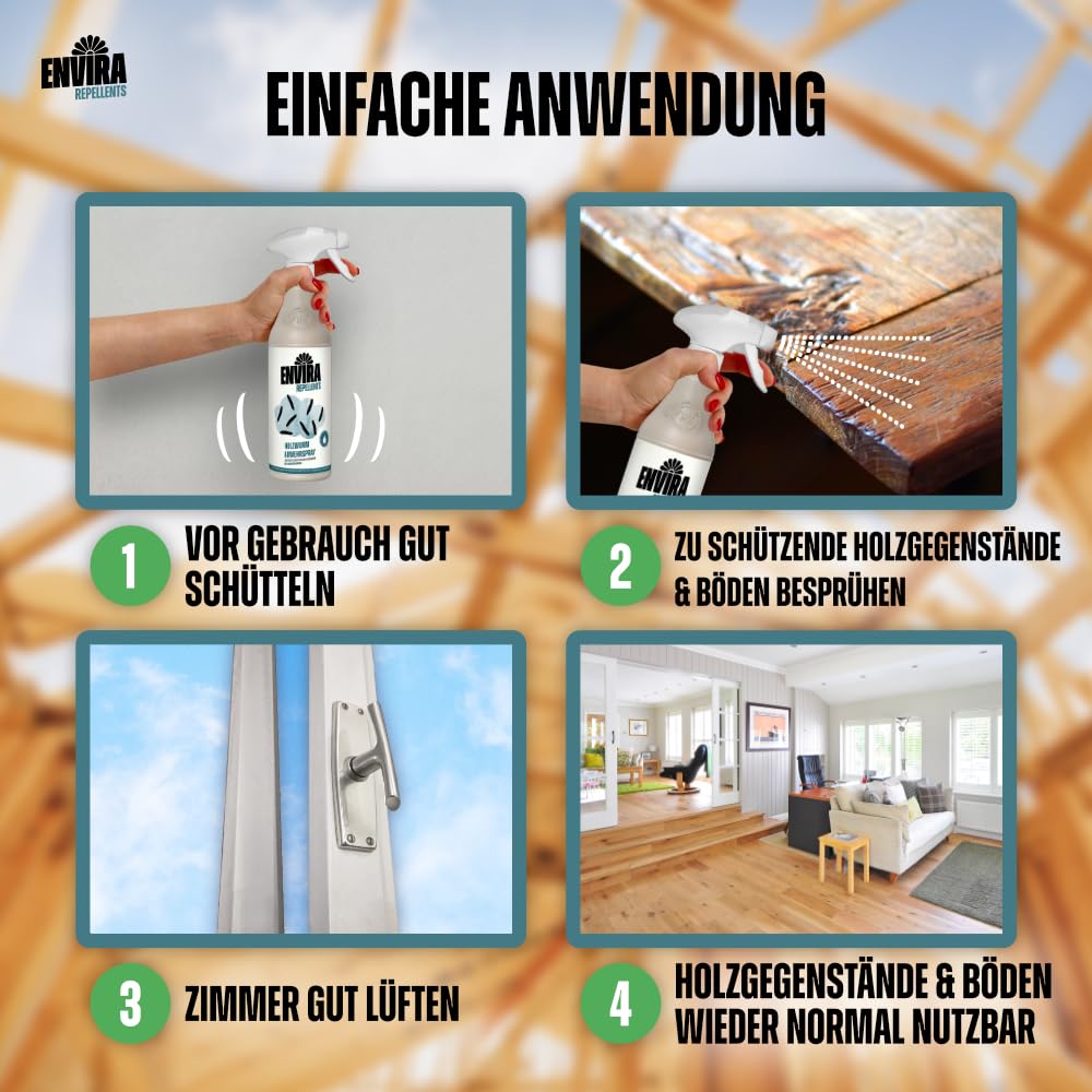 Envira Holzwurm Abwehrspray 5 Liter + 2L Sprüher - Spray mit Langzeitwirkung gegen Holzbock & Holzwurm - Mittel gegen Holzwürmer für innen - Effektives Holzwurmmittel & Holzwurmschutz