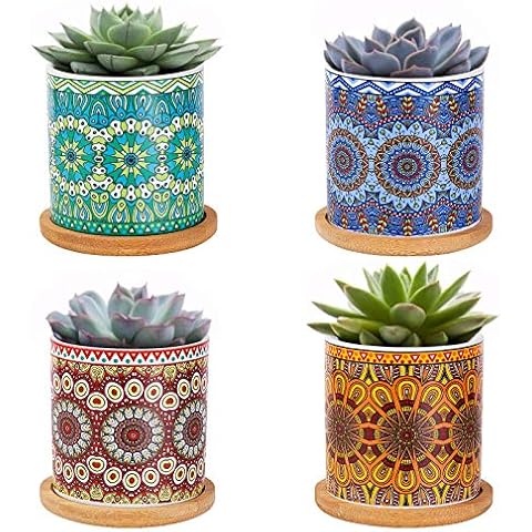 Danolt Ceramic Small Plant Pots 4 Pcs Mandala Succulent Plant Pot with Bamboo Tray and Drainage Hole Indoor Outdoor Plant Pots Cover