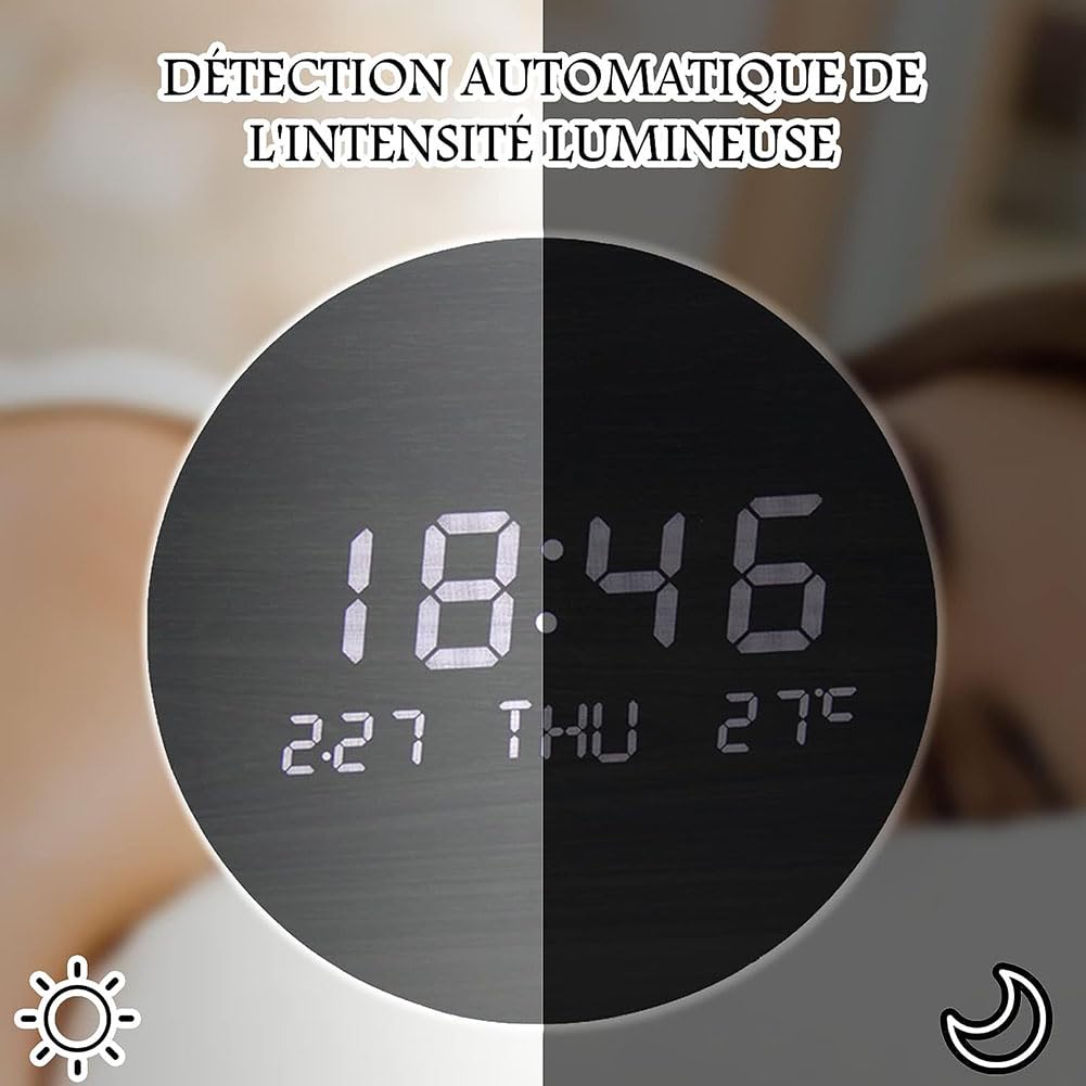 Ronde Wandklok Met Temperatuurdisplay En Digitale Kalender, Wandklokken Moderne Woonkamer, 7,56 Inch Klein Houten Led Horloge Digitale Keukenklokken Intelligente Radio Stille Tafel Klokken Verlicht