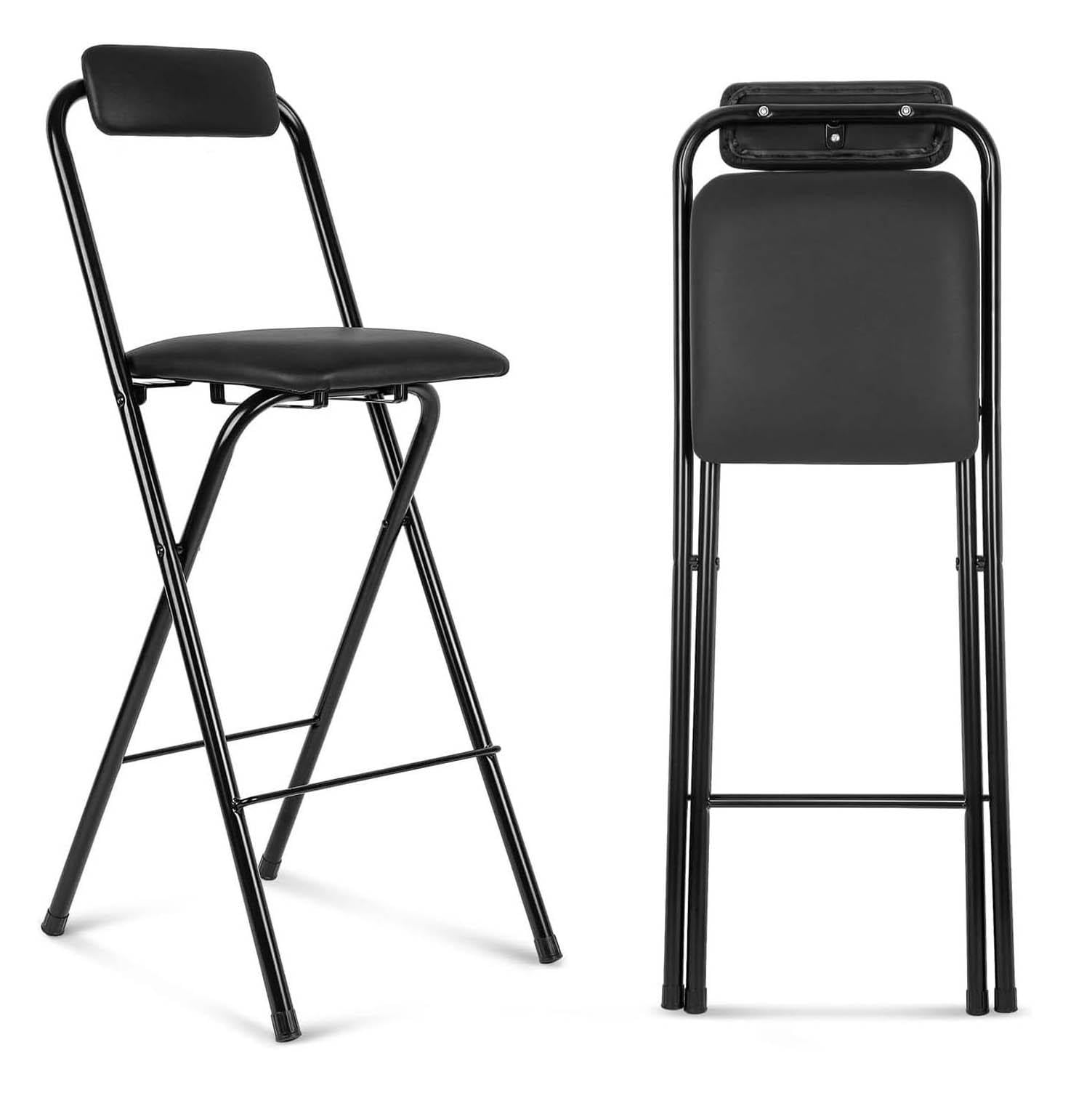 Padded Folding Stool Chair Seat 26in, 65cm Folding Bar Stool with Backrest and Footrest, 65cm Black Folding Metal Frame Kitchen High Chair for Cafe, Bistro, Black