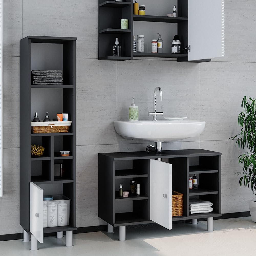 Vicco Badmöbel-Set Fynn, Anthrazit, 60 cm, besteht aus Waschbeckenunterschrank, Spiegelschrank und Hochschrank
