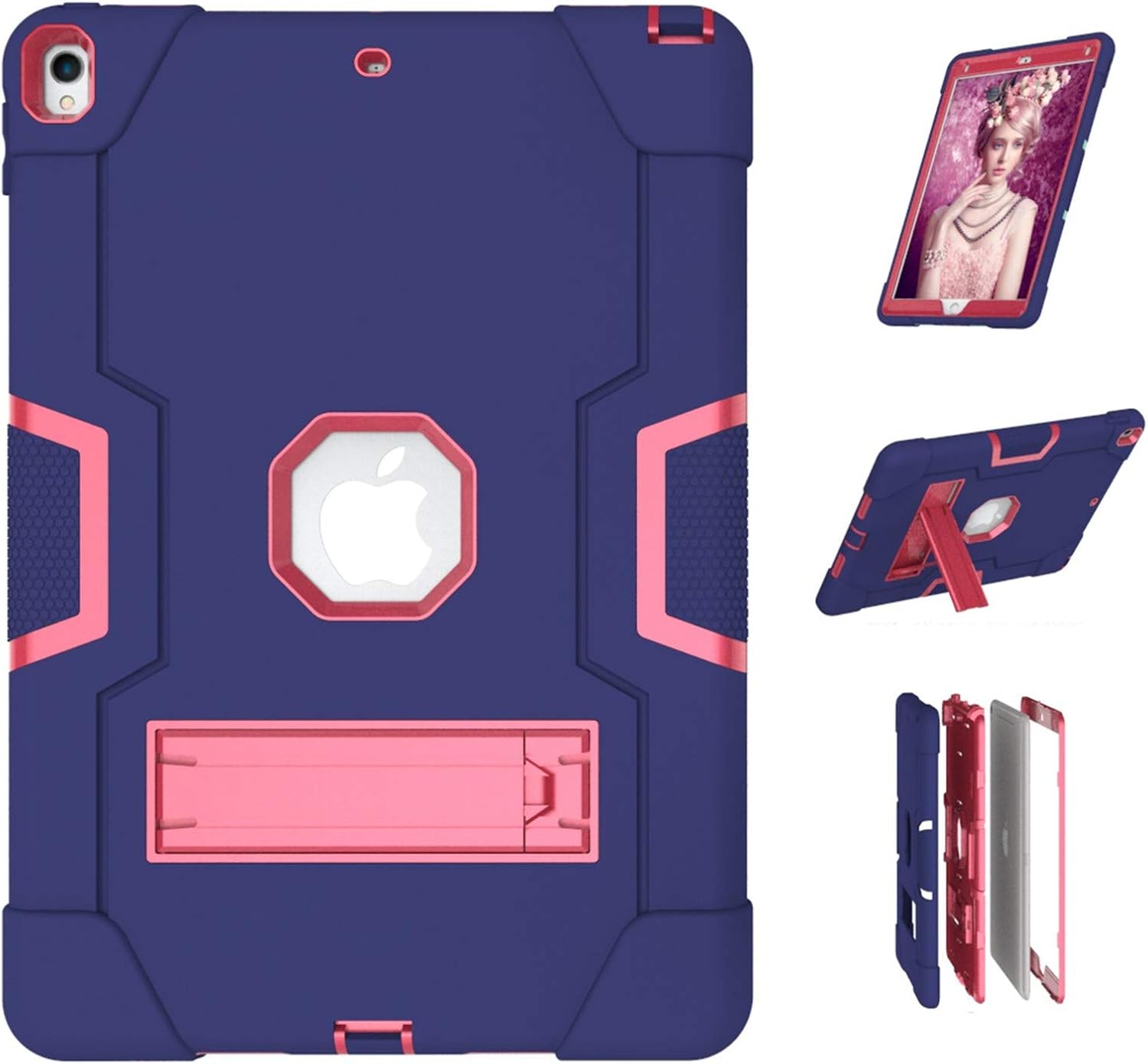 Jaorty 3 in 1 Hybrid Case for iPad Air 3 10.5" & iPad Pro 10.5" - Heavy Duty Rugged Stand, Shockproof, Anti-Slip, Anti-Scratch, Blue/Rose Red