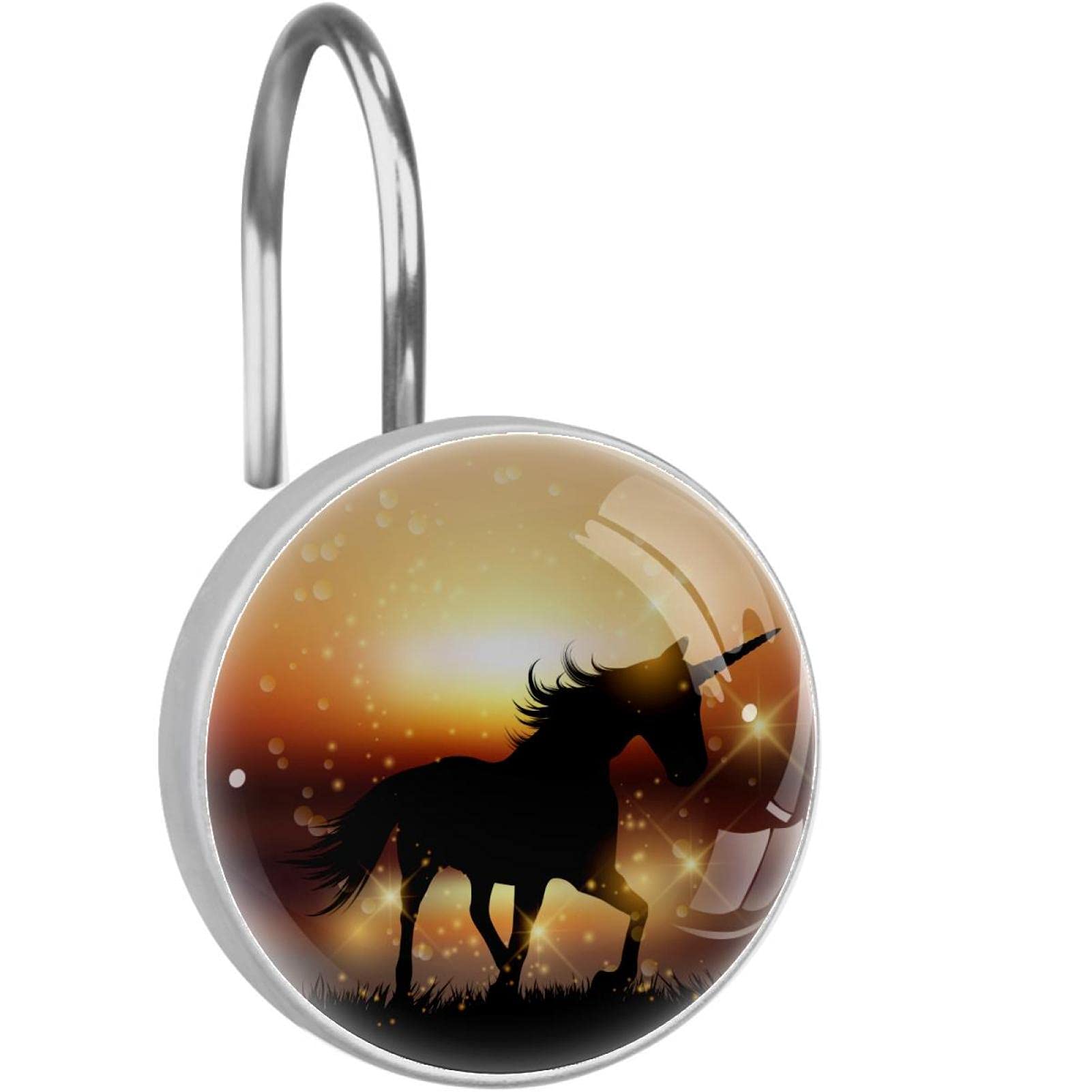 Anneaux de rideau de douche métal antirouille motif licorne coucher de soleil