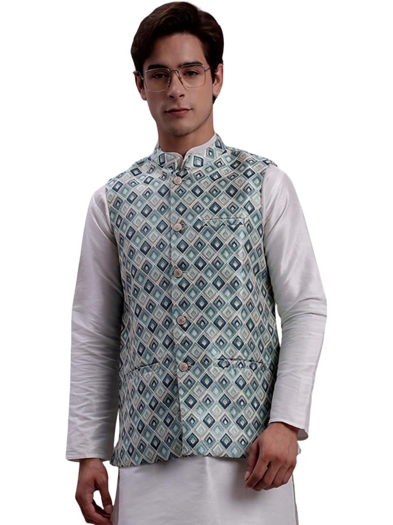 jompers Men's Purple Woven Design Nehru Jacket With Solid Kurta Pyjama-picture-20