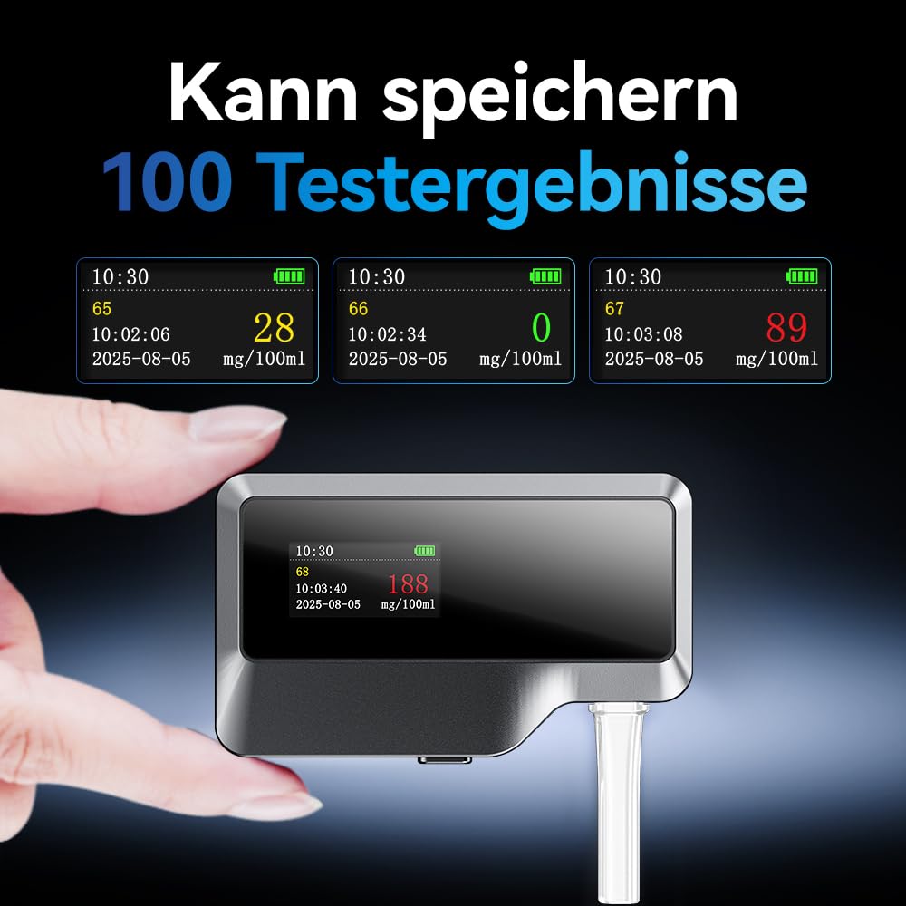 ZBK Hochpräziser Alkoholtester, elektrochemischer Atemanalysator, digitaler genauer Alkoholtester - 100 Aufzeichnungsspeicher, Typ-C Schnellladung, einstellbare Einheiten & Zeit für den persönlichen