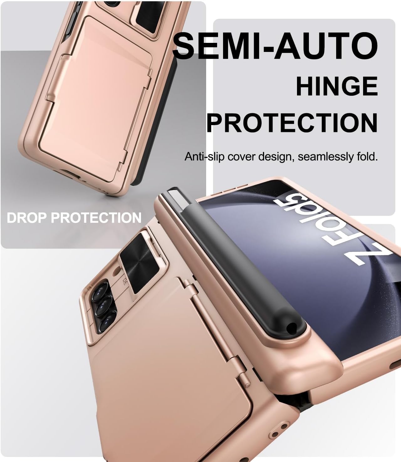 for Galaxy Z Fold 5 Case with Card Holder & Screen Protector & S Pen Holder & Slide Camera Cover & Hinge Protection, Shockproof Wallet Phone Case for Samsung Z Fold 5 2023, Rose Gold