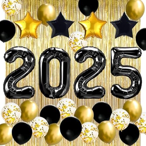 JOJO FLY New Years Eve Party Supplies 2025, Black 2025 Balloons, Gold and Black Balloons Set, Gold Foil Curtain, Graduation Decorations, New Years Eve Party Decorations Kit Cover