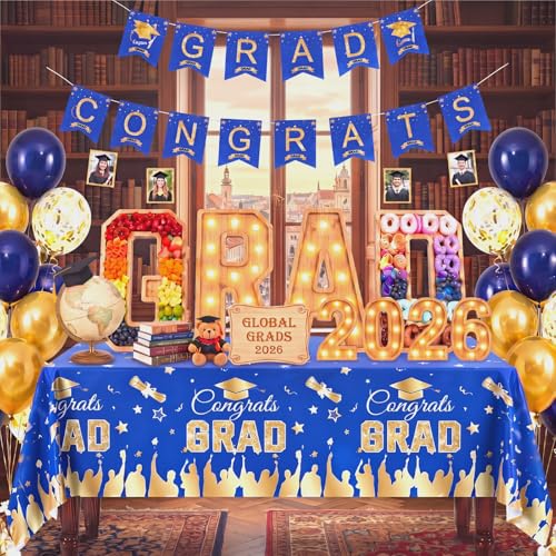 Mindsoft 30 Pcs Charcuterie Board Graduation Decorations Sets 2026 Grad Bamboo Fillable Box with Blue and Gold Tablecloth, Congrats Banners, Balloons Graduation Party Supplies for High School College by Mindsoft - Image 3