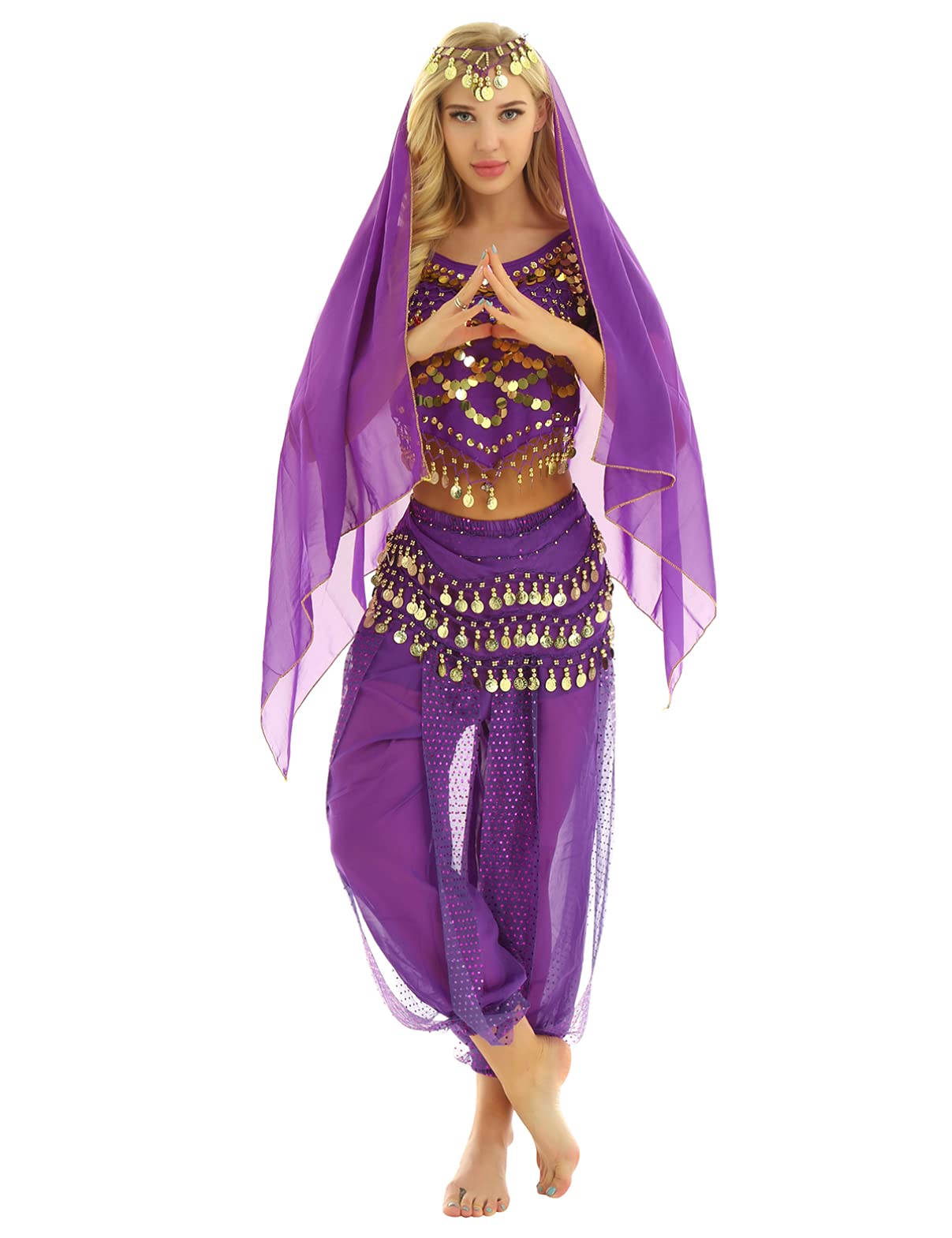 inhzoy Vestido Danza del Vientre para Mujer Disfraz de Princesa Árabe Traje de Baile India Lentejuelas Conjunto de Danza Oriental 4Pcs para Fiesta Actuación