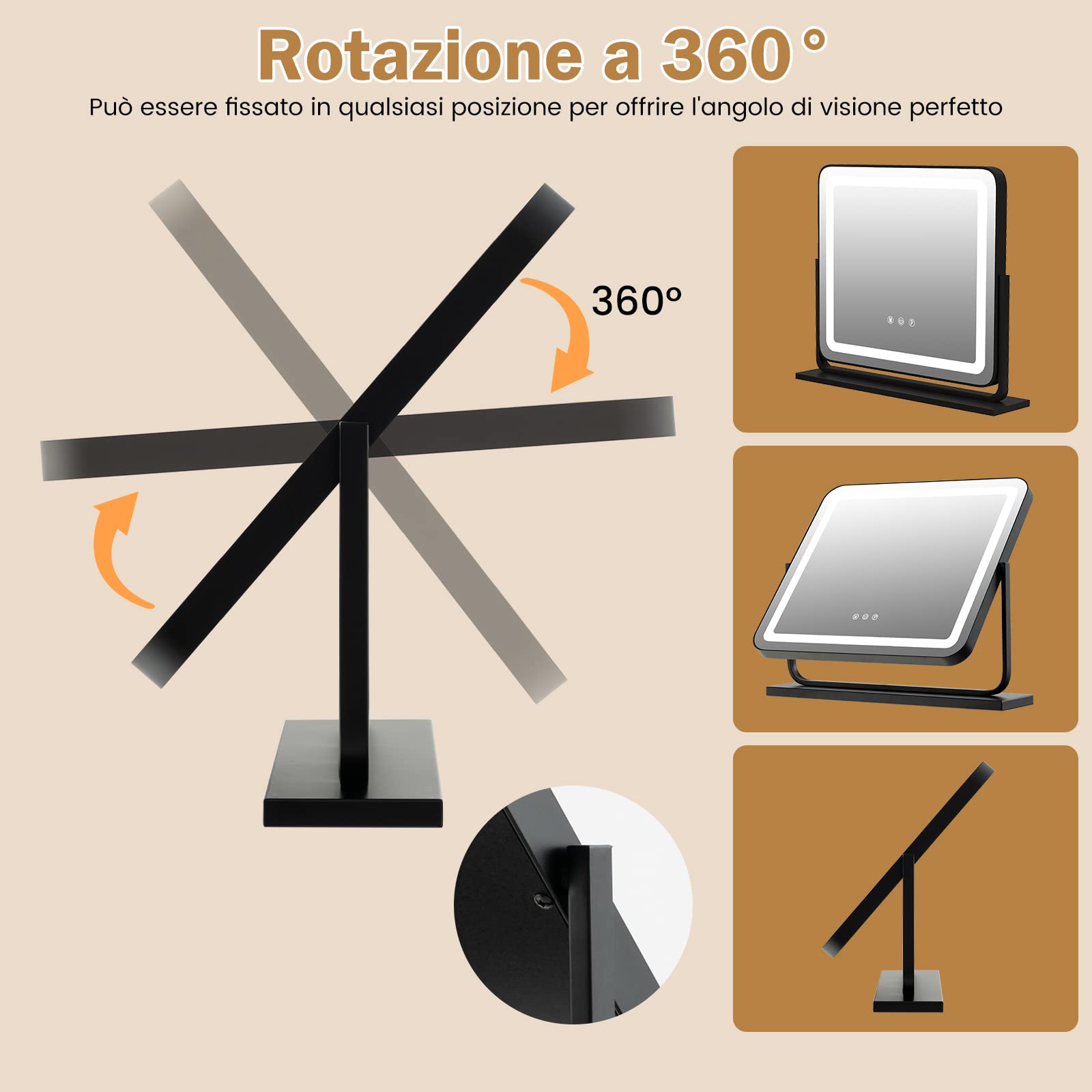 COSTWAY Specchio per Trucco, Specchio da Tavolo con luci LED a 3 Colori, Luminosità Regolabile e Controllo Intelligente a Sfioramento, Ruotabile a 360° con Ingrandimento 5X, 50x44 cm