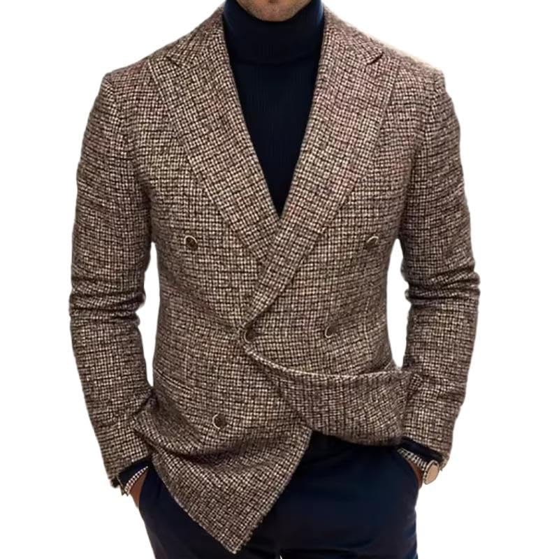 Men's Checkered Suit Jacket Double Button Autumn Blazer for Men-Coffee