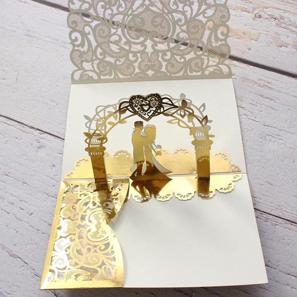 10set 3D Pop Up Sposa e Sposo Bianco Biglietto di invito di nozze Taglio Laser Tasca Floreale Inviti di Fidanzamento con Busta e Carta Interna (Oro), 18 x 12,5 cm