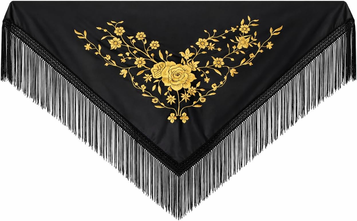 AMINA Black Flamingo Shawl with Fringe - Gold Embroidery on One Side - Large 190 x 90 cm
