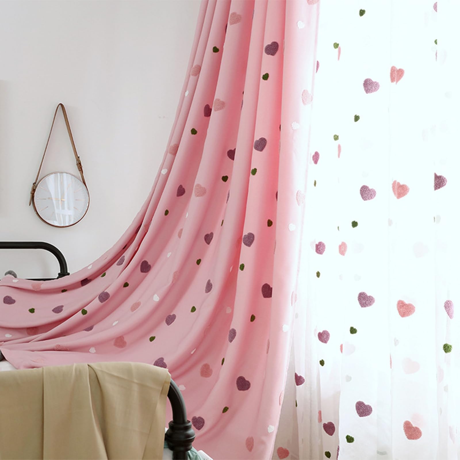 Beydodo Rideaux Occultant Salon Lot de 2, Rideau Opaques Moderne 137 x 214 à Oeillets, Rose Uni À Motifs De Cœurs